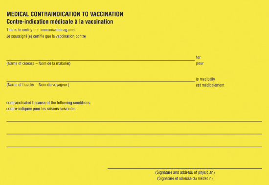 Figure 3-03. Medical contraindication to vaccination section of the international certificate of vaccination or prophylaxis (ICVP)