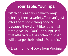 Your Table, Your Tips:  “With children you have to keep offering them a variety. You can’t just offer them something once & because they didn’t like it the first time give up…You’ll be surprised that after a few tries often children will change their minds. Mine did.” – Lisa, mom of 4 boys from Virginia