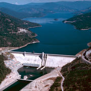 Image shows a view of Libby Dam and Lake Koocanusa
