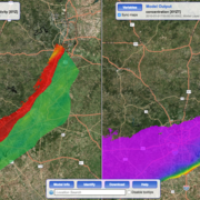 In this example, the left pane shows a map distribution of model input values for aquifer properties for a model layer. 
