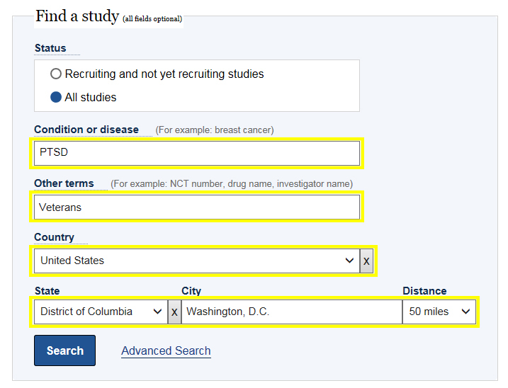 Clinical trials screen - search for studies