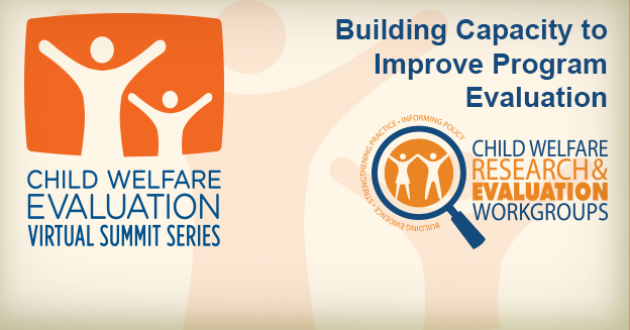Logos for the Child Welfare Evaluation Virtual Summit Series and Child Welfare Research & Evaluation Workgroups on a plain background beside the title Building Capacity to Improve Program Evaluation