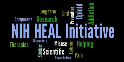 An image that displays the words "NIH Heal Initiative" in the center. It then has the words compounds, long-term research, end, prevention, opioid, addiction, therapies, biomarkers, solutions, scientific, misuse, nonaddictive, epidemic, helping, and pain.