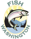 Fish Washington icon: Trout leaping out of wather with mountains and sunrise in the backdrop.