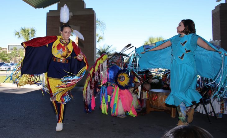 Members of the Lipan Apache Tribe of Texas perform by singing and dancing to a crowd of approximately 100 spectators during a special event held in observance of National Native American Heritage Month, which took place at the VA outpatient clinic in Harlingen, Texas, on November 16, 2018. (U.S. Department of Veterans Affairs photo by Luis H. Loza Gutierrez)