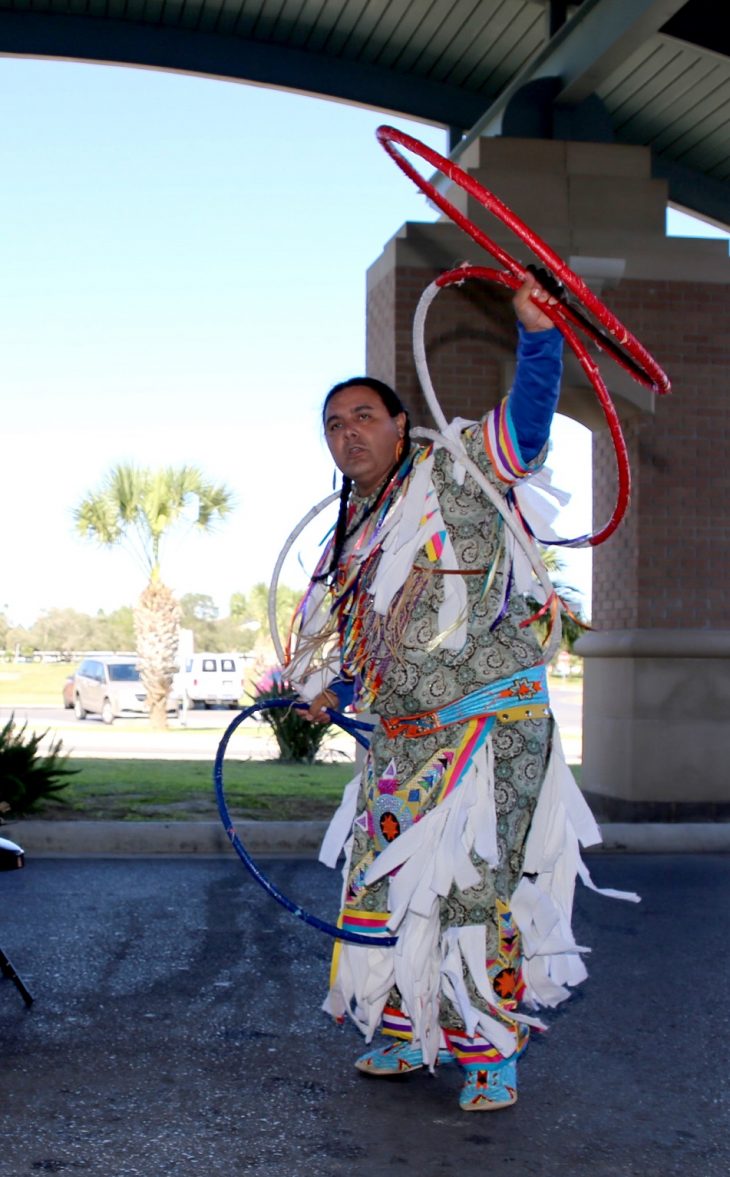 A male member of the Lipan Apache Tribe of Texas performs the Hoop Dance during a special event held in observance of National Native American Heritage Month, which took place at the VA outpatient clinic in Harlingen, Texas, on November 16, 2018. (U.S. Department of Veterans Affairs photo by Luis H. Loza Gutierrez)