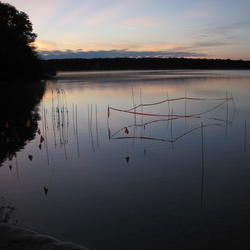 view across Ashumet Pond, Cape Cod, Massachusetts, with sampling grid markers in forground
