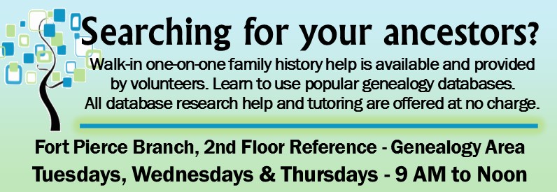 Genealogy Assistance at the Kilmer Branch Library Tuesdays, Wednesdays and Thursdays from 9 to noon