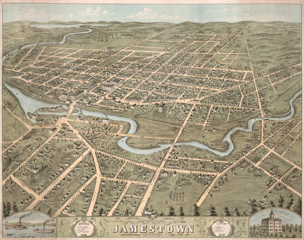 Birds eye view of the city of Jamestown, Chautauqua County, New York 1871 : looking north west. 1871. Geography and Map Division, Library of Congress.