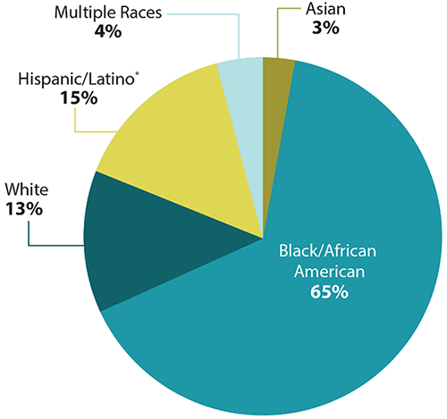 Pie chart shows diagnoses of perinatal HIV infections in the US by race/ethnicity, 2016: Black/African American=65, White=13, Hispanic/Latino=15, Multiple Races=4, Asian=3.