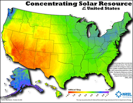 Map of Concentrating Solar Resources in the United States showing greatest concentration mostly in the areas from western Texas westward to California and northward to Washington, Idaho, Montana and the western parts of the Dakotas; with moderate concentrations in the lower southern tier of the country from Florida through Maryland. 