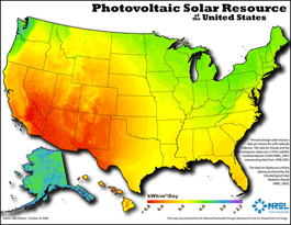 Map of Photovoltaic Solar Resources in the United States showing greatest concentration mostly in the areas from western Texas westward to California and northward to Oregon, Idaho, and Wyoming