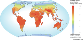 World Map of Solar Resources showing greatest concentration in the southern portion of the Northern Hemisphere, South America, Africa, the Middle East, southern Eurasia, the South Pacific, and Australia