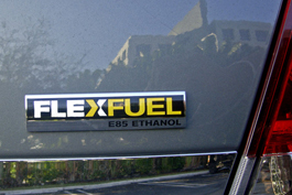 A phoptograph of a typical E85 badge on a car used to identify flexible-fuel vehicles in the United States
