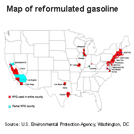 Map showing U.S. cities that were reformulated gasoline is required to be sold.