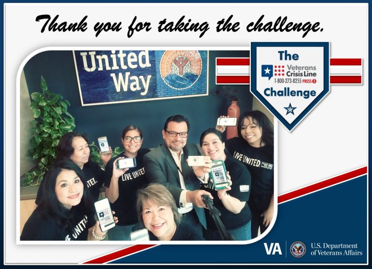 VA psychologist and suicide prevention coordinator, Dr. Rodolfo Quintana (at center) uses a selfie stick and camera phone to pose for a group photo with local members of the United Way who completed the Veterans Crisis Line (VCL) challenge during a collaborative meeting for Suicide Prevention Month, which took place September 7, 2018. (Courtesy photo by Rodolfo Quintana was used for this U.S. Department of Veterans Affairs photo illustration by Luis H. Loza Gutierrez)

Disclaimer: Any mentioning or use of the United Way and or use of their logo is strictly for news purposes only. No official federal endorsement intended or implied.