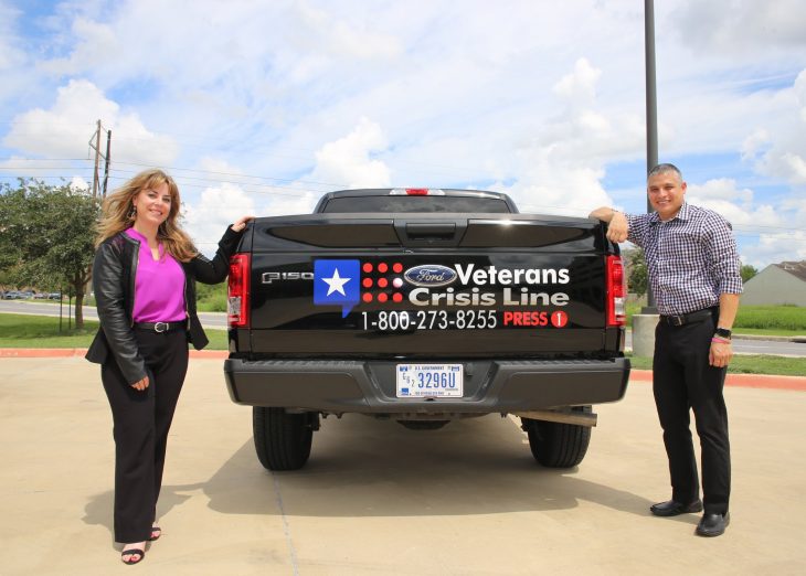 Dr. Jennifer Wood, acting deputy chief of staff for VCB and Jesse Sanchez, administrative officer for VCB mental health, pose for a photo at the sides of a pickup truck’s tail gate bearing the Veterans Crisis Line (VCL) number and logo. The VCL decal display on the government owened vehicle (GOV) is part of VA Texas Valley Coastal Bend Health Care System’s (VCB) observance of Suicide Prevention Month. Image taken September 17, 2018, at the VA Health Care Center at Harlingen, Texas. (U.S. Department of Veterans Affairs photo by Luis H. Loza Gutierrez)