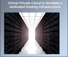 A row of servers.  Text reads: Virtual Private Cloud to facilitate a dedicated hosting Infrastructure