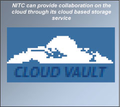 A digital image of a white cloud agains a blue background.  Text reads: NITC can provide collaboration on the cloud through its cloud based storage service