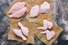Photo of raw chicken meat fillets, wings, thigh and legs.