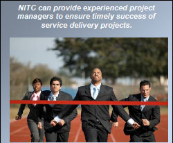 An image of several men in suits racing towards a finish line.  Text reads: NITC can provide experienced project managers to ensure timely success of service delivery projects