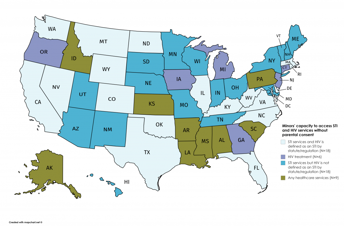Map of states that have statute(s)/regulation(s) that allow minors to access STI and/or HIV services without parental/guardian consent.