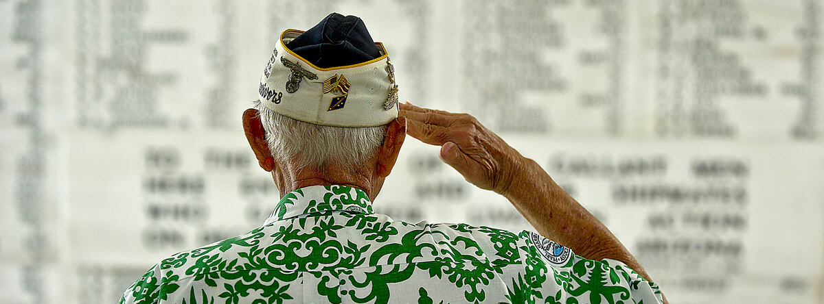 An old Veteran salutes in front of a memorial wall listing Veteran's names.