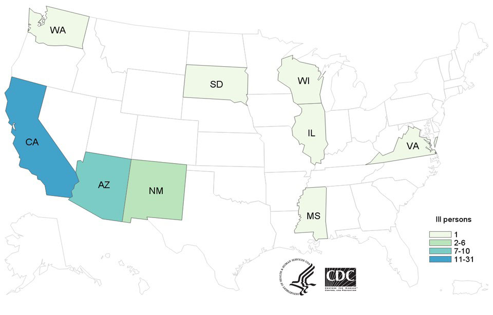 Persons infected with the outbreak strain of Salmonella Paratyphi B variant L(+) tartrate(+), by state of residence, as of May 21, 2015 (n=53)
