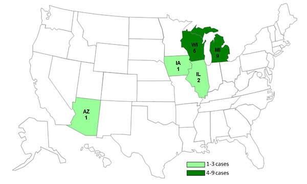 February 13, 2013 Case Count Map: Persons infected with the outbreak strain of Salmonella Typhimurium, by State