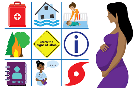 Illustration of pregnant woman with various preparation icons
