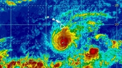 A NOAA satellite image of Hurricane Lane as it approached the Hawaiian Islands on August 22, 2018. The storm brought massive flooding and extreme rainfall to parts of Hawaii.