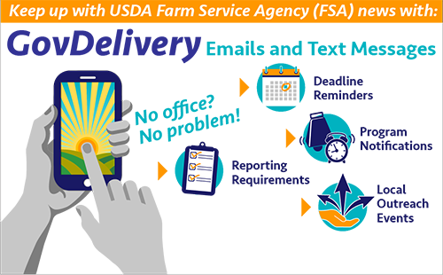 To receive GovDelivery email or text message notifications, subscribe online or contact your county FSA office for subscription assistance. 