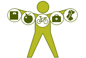 Image of a human silhouette holding circles arrayed in a line. Each circle showing an icon for healthy behavior - scale, apple, medicine bag, etc. 