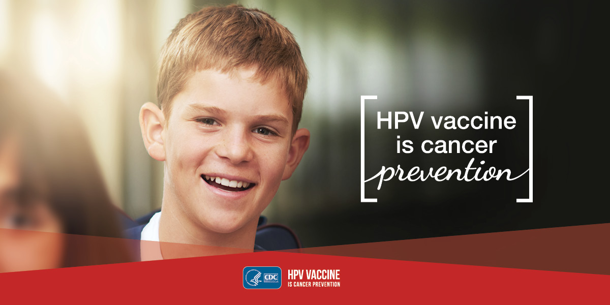 Young man smiling. HPV vaccine is cancer prevention. CDC logo.