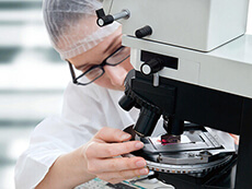 Microscopist analysing biopsy samples