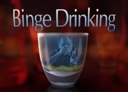 Binge Drinking video title with reflection in glass of man drinking alcohol