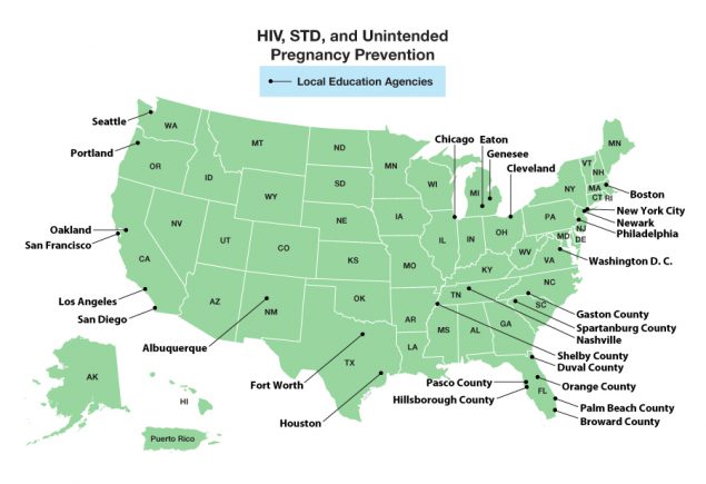 map of the continental United States displaying local education agencies funded for HIV/STD Prevention programs