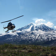 Helicopter arriving to move geologists from Redoubt Volcano, Alaska