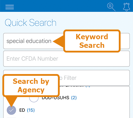 Quick Search screen of the Grants.gov Mobile App. Enter a keyword to search.
