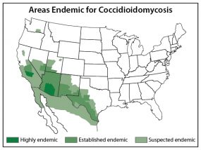 This map shows the approximate areas (called “endemic areas”) where Coccidioides is known to live or is suspected to live in the United States and Mexico. In the United States, the fungus lives in Arizona and parts of California, Nevada, New Mexico, Texas, Utah, and Washington State.