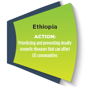 Section of a wheel with words - Ethiopia ACTION: Prioritizing and preventing deadly zoonotic diseases that can affect US communities