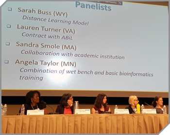 Four women panelists at AMD with moderator Tiki Barnes