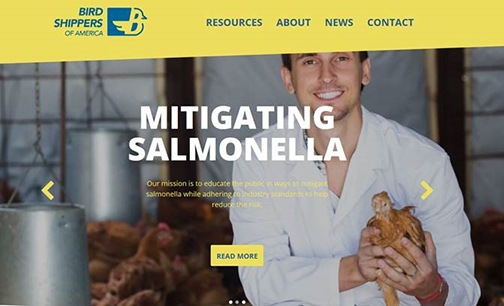 Screenshot from Bird Shippers of America showing a man holding a chicken and the words: Mitigating Salmonella