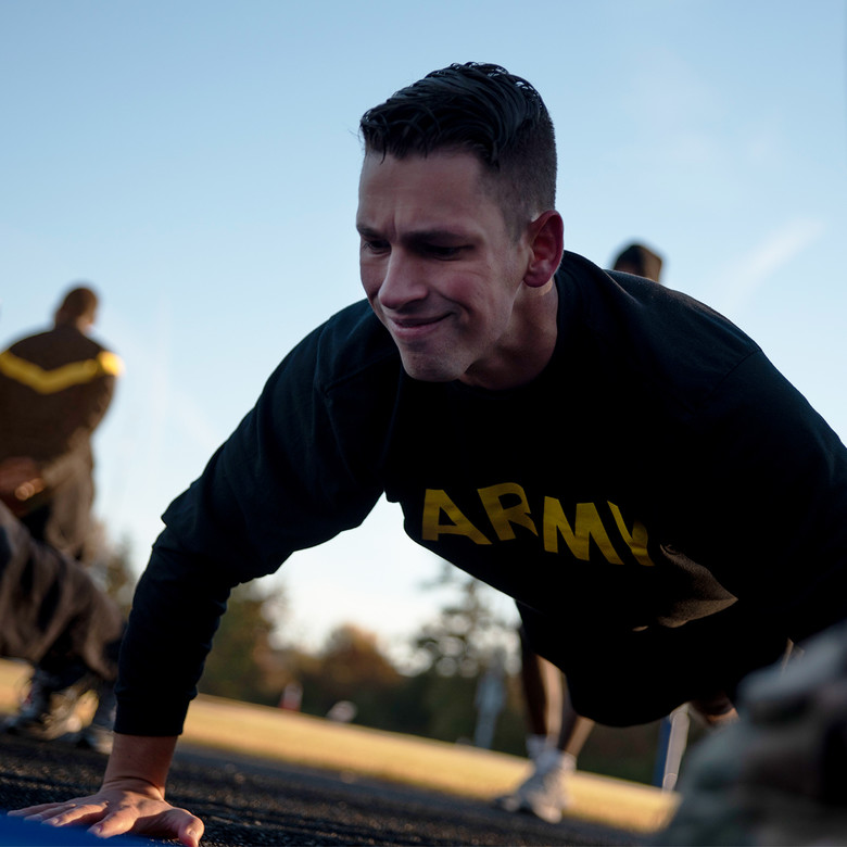 An Army reserve soldier does a push up.