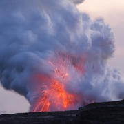 Littoral explosion sends incandescent lava fragments skyward at Kīlauea Volcanoʻs ocean entry, Hawaiʻi
