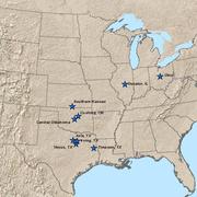 relief map of Central and Eastern US with blue stars in certain locations