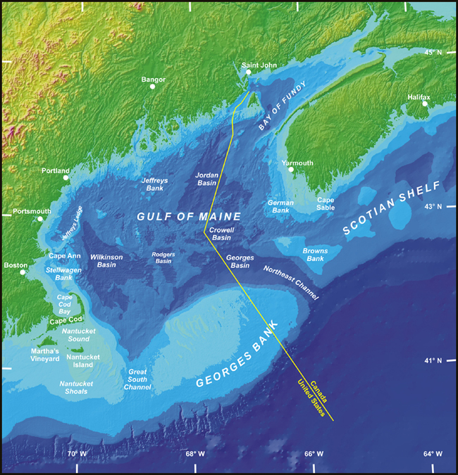 map showing Gulf of Maine and Georges Bank