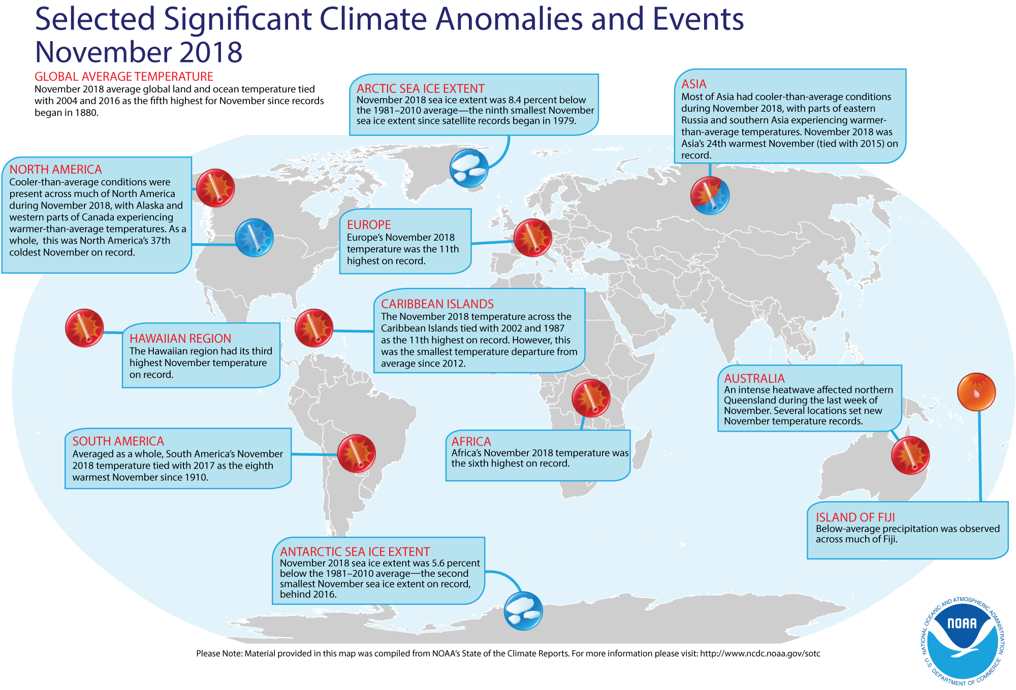 An annotated map of the world showing notable climate events that occurred in November 2018. For details, see the short bulleted list below in our story and an more details at http://www.ncdc.noaa.gov/sotc/global/2018/11.