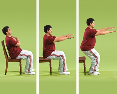man doing stages of chair stand exercise