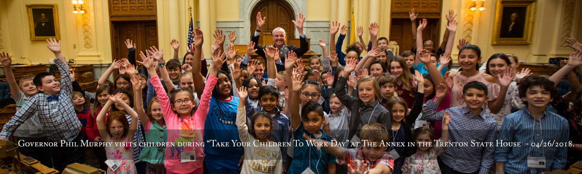 Governor Phil Murphy visits children during “Take Your Children To Work Day” at The Annex in the Trenton State House on Thursday, April 26, 2018